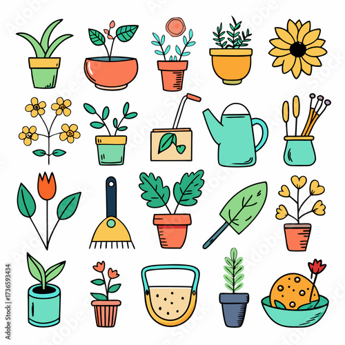 Doodle style gardening tools and plants illustrations collection set