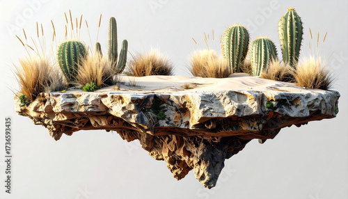 floating sandstone with cactus and dry grass, surreal isolated