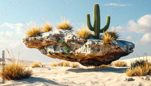 floating sandstone with cactus and dry grass, surreal isolated