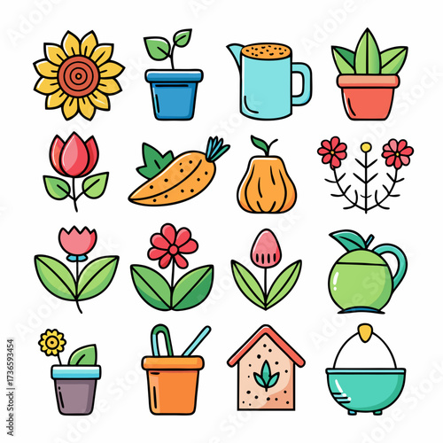 Collection of vibrant gardening icons in a colorful illustration