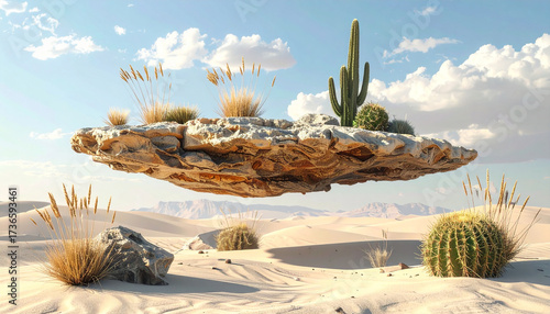 floating sandstone with cactus and dry grass, surreal isolated
