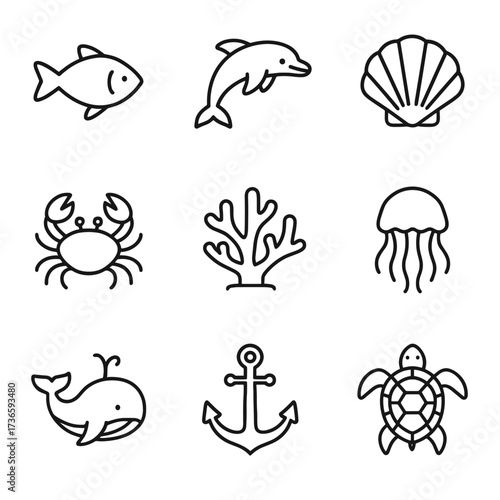 Ocean turtle anchor coral icons vector sea dolphin life jellyfish crab whale