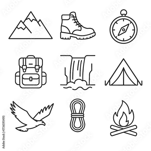Tent mountain waterfall compass eagle peak vector boot backpack rope set icon