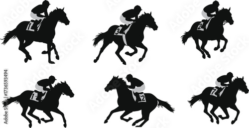 Horse racing silhouettes, jockeys in motion, numbered racehorses, dynamic galloping poses, competitive equestrian sport, black figures isolated on white, speed and athleticism illustration