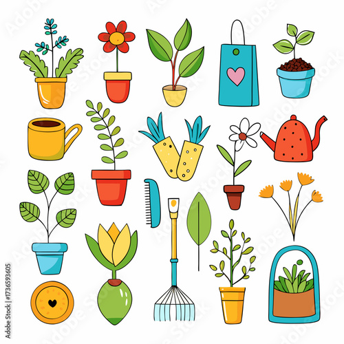 Colorful cartoon gardening tools and houseplants for spring theme