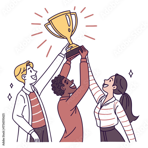 Three diverse people holding up golden trophy award