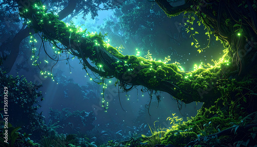glowing enchanted vine with bioluminescent moss, fantasy forest
