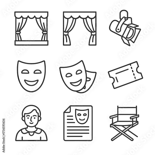 Chair theater comedy set script spotlight director icon mask curtain ticket vector