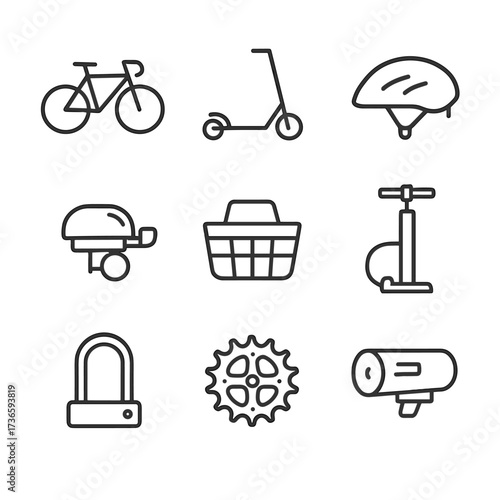 Set vector basket bike pump scooter helmet bell bicycle light icon