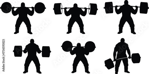 Barbell lifting silhouette, gym workout poses, strength training illustration, muscular athlete, fitness exercise vector, bodybuilding, powerlifting, black graphic design