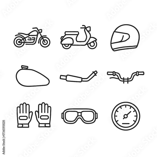 Tank exhaust gloves speedometer scooter goggles set icon fuel handlebars motorcycle vector