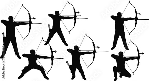 Archery silhouette set, traditional bow and arrow poses, dynamic archer stances, black vector illustration, hunting sport, martial arts, target practice concept