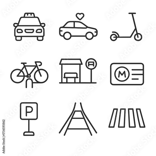 Icons bus card transport taxi vector icon urban car crosswalk parking bicycle