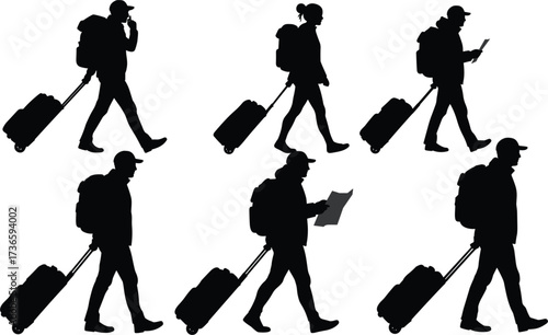 Travel silhouettes, walking tourists with luggage, airport journey, backpackers in motion, vacation travelers, diverse postures, modern travel lifestyle, black vector illustration, isolated graphic