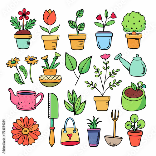 Cute gardening tools and flowers doodle flat vector illustration