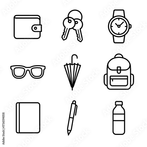 Pen icons sunglasses water daily bottle vector watch icon backpack keys notebook