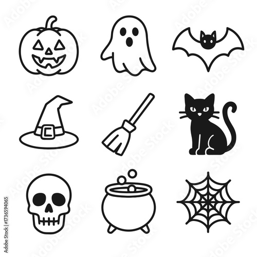 Cauldron halloween bat broomstick hat skull vector web witch cat set icon