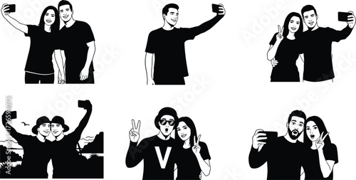 Selfie moments, diverse expressions, couple poses, outdoor celebration, peace signs, surprised faces, candid portraits, black and white illustration of people taking selfies together