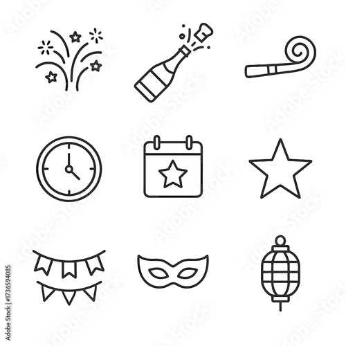 Clock lantern new year icon bottle vector garland star fireworks calendar champagne
