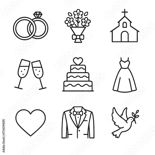 Icon rings champagne church heart suit groom vector grid bouquet wedding bride