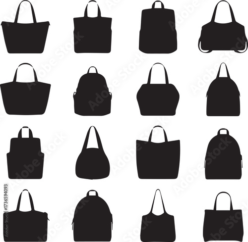 Collection of black silhouette icons of various bags and backpacks on white background tote bag handbag