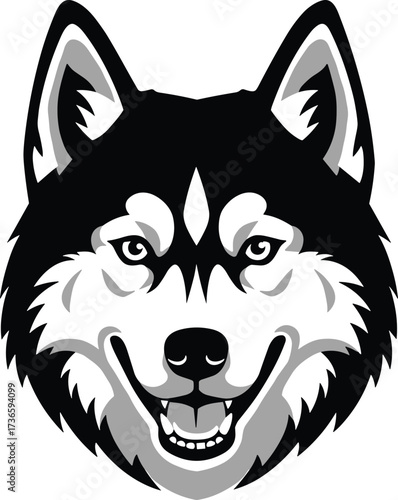 Husky dog wolf head illustration in black and white style, fierce animal mascot, vector design for logo, sports and branding