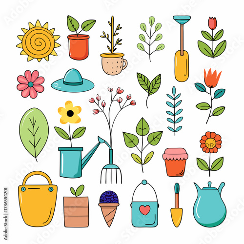 Cute gardening doodle icons with plants, flowers, and tools