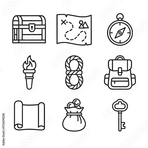 Chest torch compass rope vector adventurer s scroll key icon pouch backpack