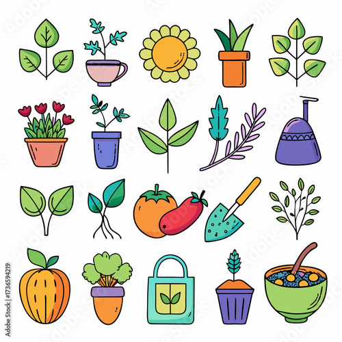 Hand-drawn botanical garden elements with fruit and garden supplies