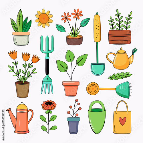 Cartoon gardening tools and potted plants on white background
