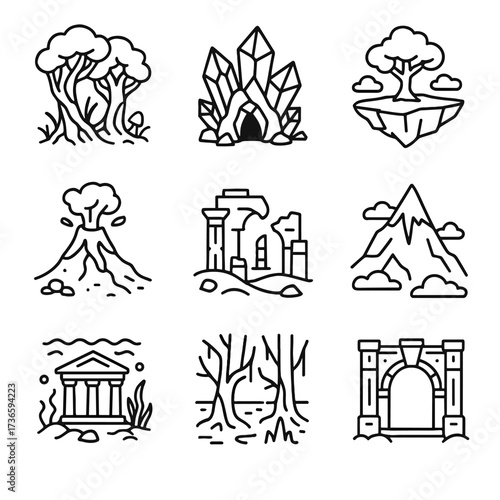 Underwater cave swamp icon peak crystal desert vector magical ancient landscape icons