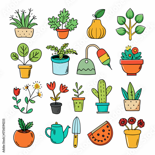 Cartoon Plant Collection in Pots, Teapot, and Garden Tools