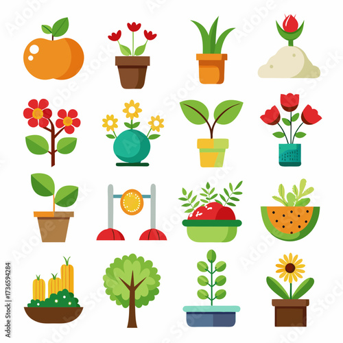 Flat design vector collection of potted plants and produce