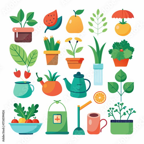 Cheerful Garden Tools and Produce Vector Illustration Set