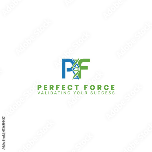 A logo for a CQV firm featuring an emblem in blue and green of the initials PF intertwined with a DNA helix, symbolizing scientific precision and quality.