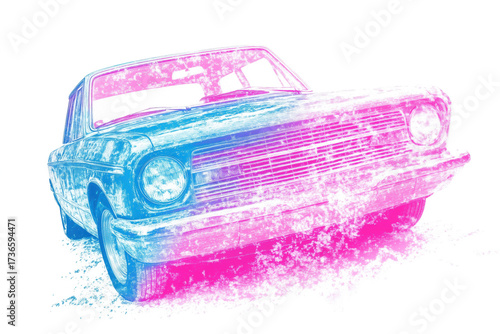 Close-up of headlights on a retro sports car painted in pink and blue