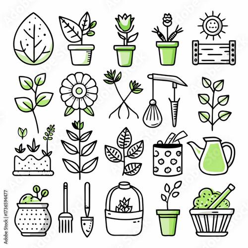 Hand-drawn gardening tools and plant icons in cartoon style