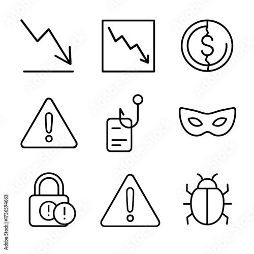 Financial crash volatility broken risk warning bug scam arrow icons chart vector
