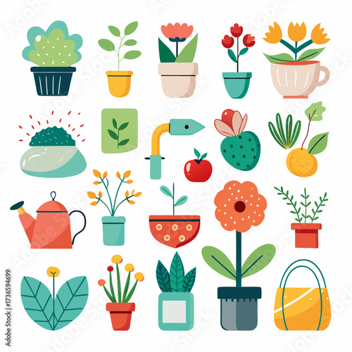 Collection of colorful potted plants and gardening tools
