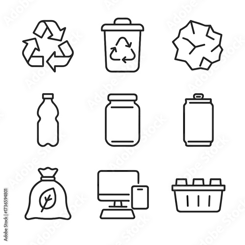 Vector container sorting recycling waste icon paper compost bin plastic set