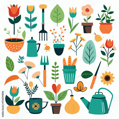 Collection of colorful gardening tools and flower pots illustration