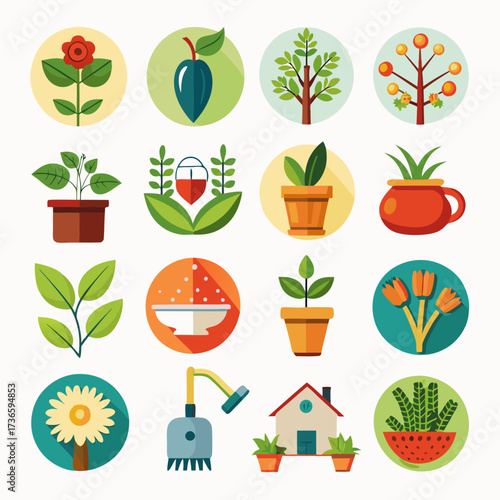 Flat design plants and gardening icons set illustration