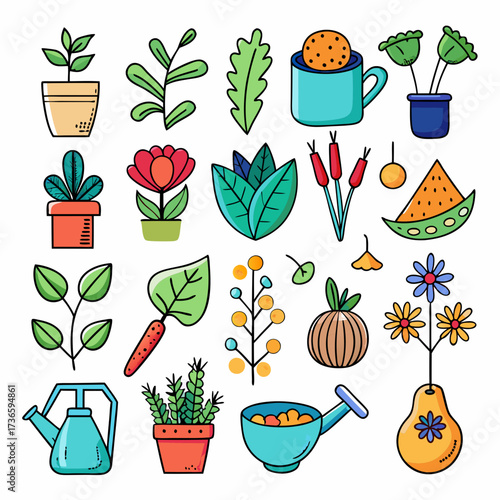 Assorted colorful plants gardening tools and fruit vector icons