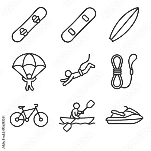 Skateboard ski bungee mountain parachute icons extreme sports rope climbing vector jet