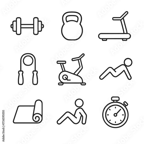 Dumbbell yoga fitness icon rope kettlebell set vector treadmill skipping bike stopwatch