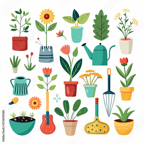 Collection of stylized plants and gardening tools on white background