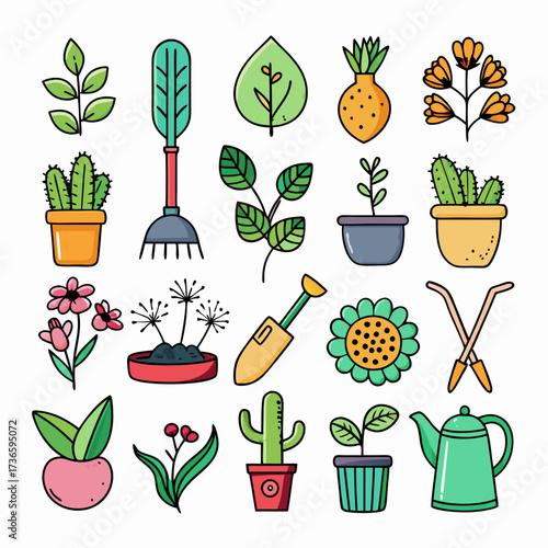 Collection of cartoon style garden tools and plants