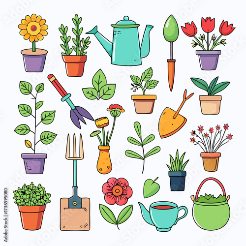 Cartoon gardening tools and plants in a flat design
