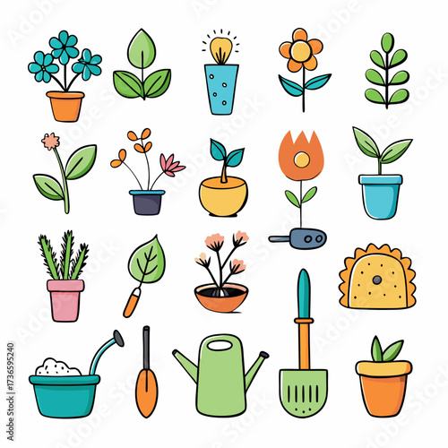 Collection of stylized potted plants and gardening tools icons