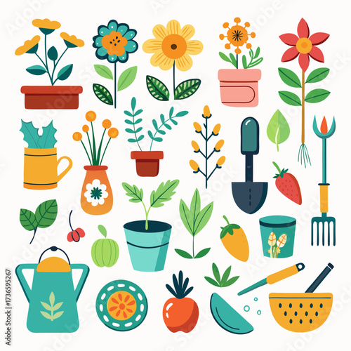 Colorful Garden Tools and Flowers in Flat Vector Style